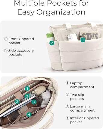 Tote Bag for Women, Lightweight Puffy Tote Bag with Compartments Quilted Shoulder Bag Handbag for Travel, Work, Gym