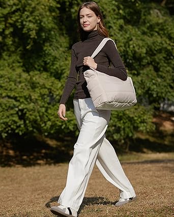 Tote Bag for Women, Lightweight Puffy Tote Bag with Compartments Quilted Shoulder Bag Handbag for Travel, Work, Gym